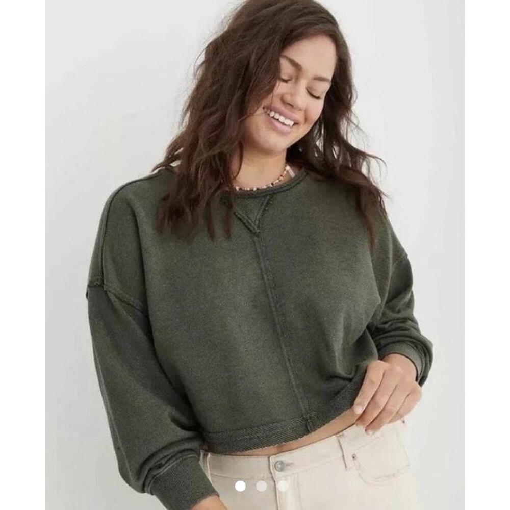 Aerie Olive Green Cropped Crewneck Sweatshirt - Picture 1 of 5
